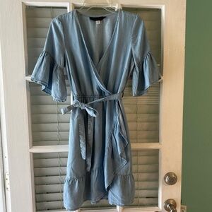 Blue mini dress with ruffle sleeves and tie waist, XS